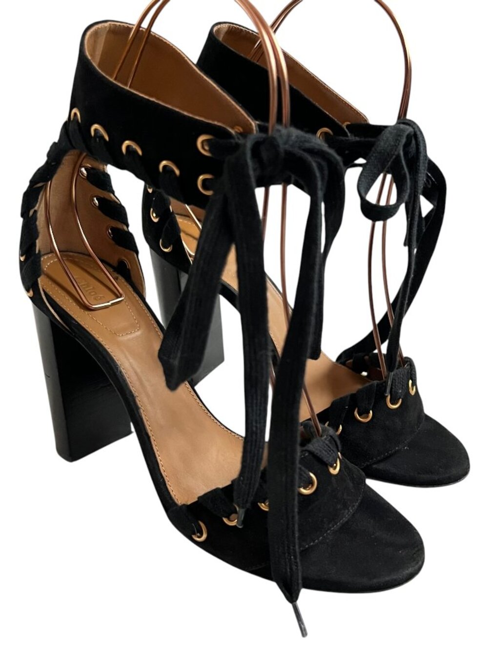 Chloe sandals Miles Iconic Whipstitch strap high heel black suede 38 8 block